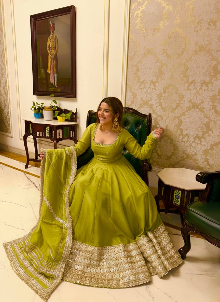 RangBhoomi Premium Chinon Silk Anarkali Gown Set with Heavy Embroidery, 3mm Sequin Sleeve Lace, Crepe Pants, and Sequined Lace Dupatta