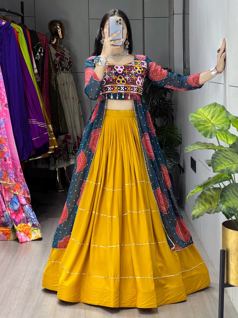 Colorful Bandhani Print Kurtis with Mustard Rayon Cotton Lehenga Sets