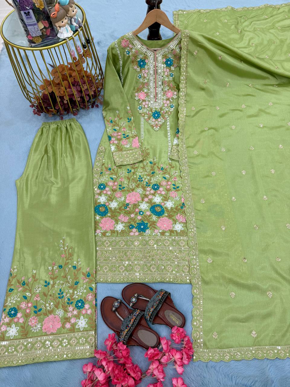 Exclusive New Designer Party Wear Pur Gimmy Chu Top, Palazzo & Dupatta Set for Elegant Celebrations