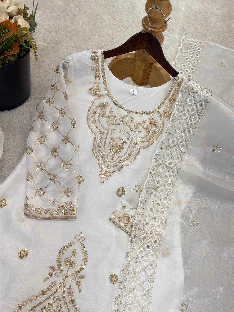 Elegant Designer Party Wear Top, Palazzos, and Dupatta Set with Intricate Heavy Embroidery and Beaded Detailing