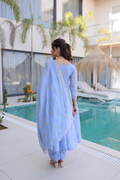 Elegant Premium Ready-to-Wear Gown Set with Pants and Dupatta - Beaded Mal Chanderi Embroidery