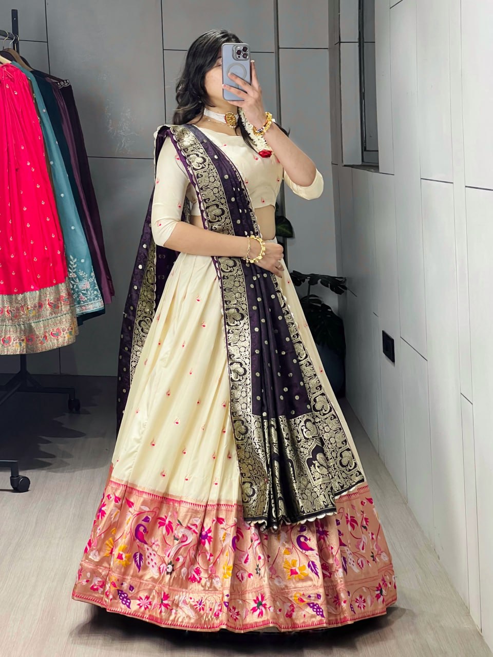 RangBhoomi Paithani Silk Lehenga Choli – Vibrant Traditional Maharashtrian Ethnic Wear with Gold Zari Detailing and Satin Silk Dupatta