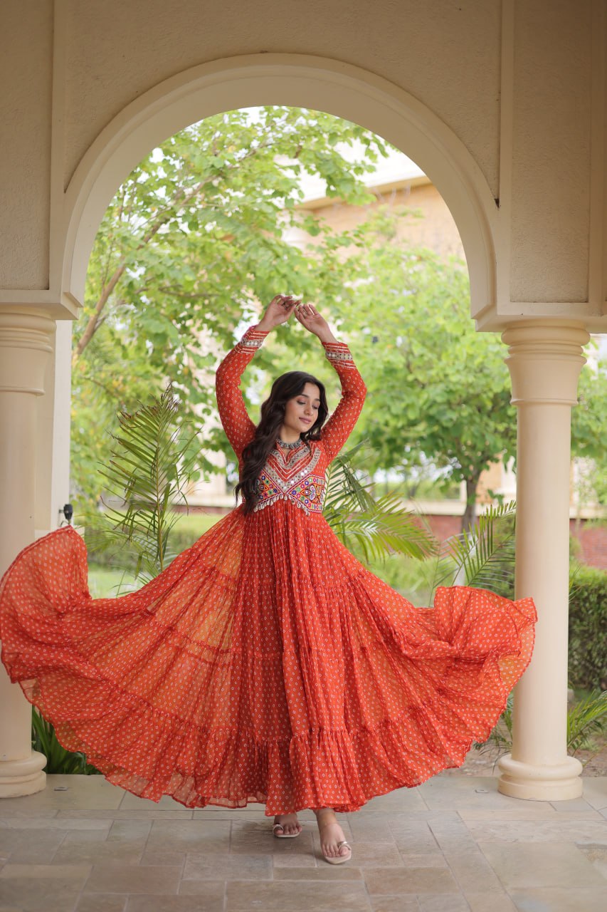 RangBhoomi Bandhani & Kutchi Patchwork Faux Georgette Gown — Navratri Special