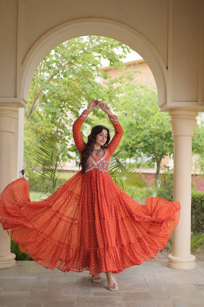 RangBhoomi Bandhani & Kutchi Patchwork Faux Georgette Gown — Navratri Special