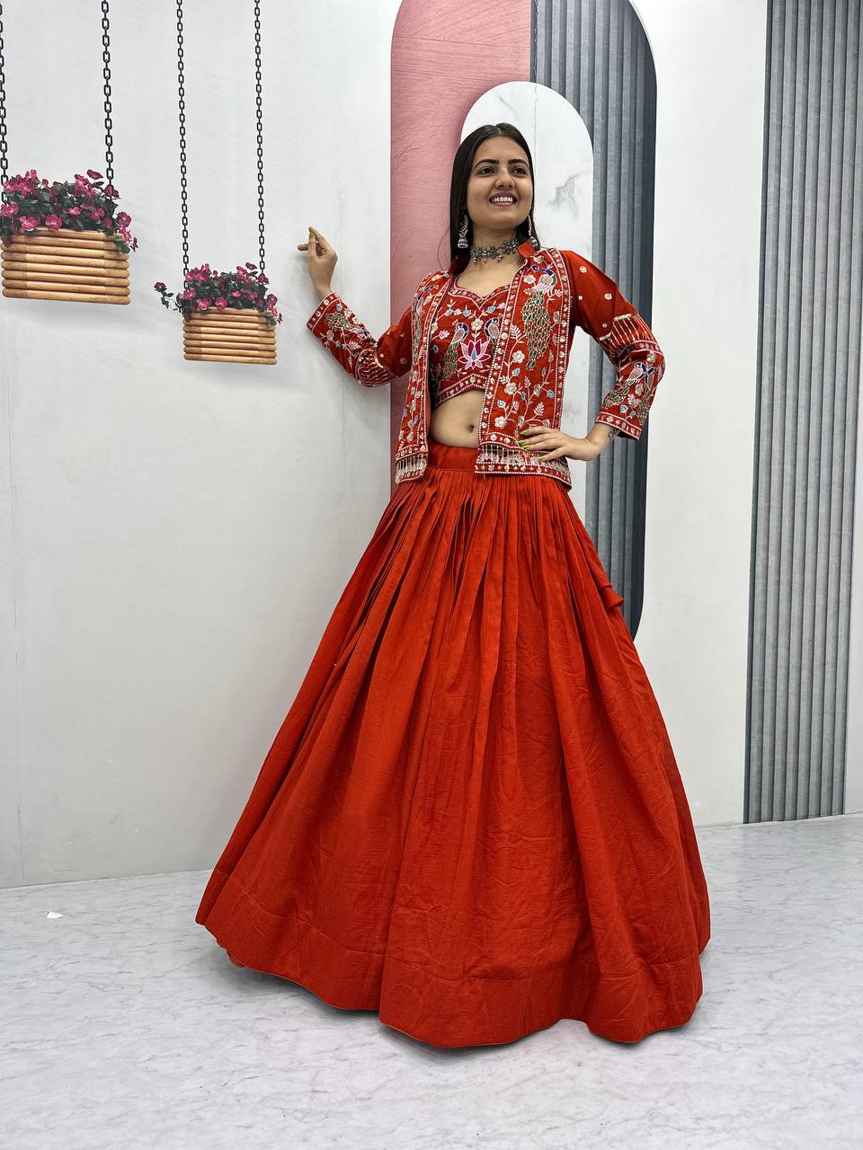 Festival Special Vichitra Silk Crop Top Lehenga Jacket Set with Heavy Thread and Sequin Embroidery by RangBhoomi