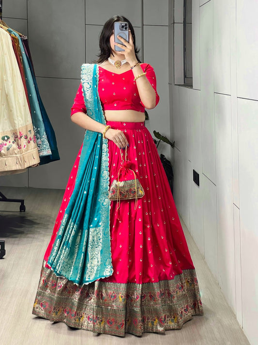 Elegant Paithani Silk Lehenga Choli with Vibrant Colorful Motifs and Iconic Zari Border