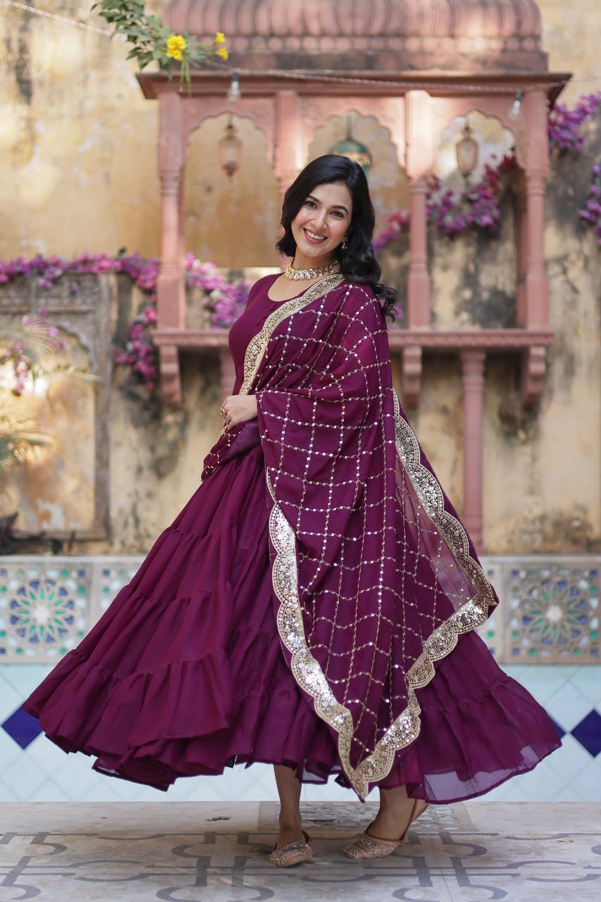 Flared Gown: Embroidered Dupatta - Shop Now!