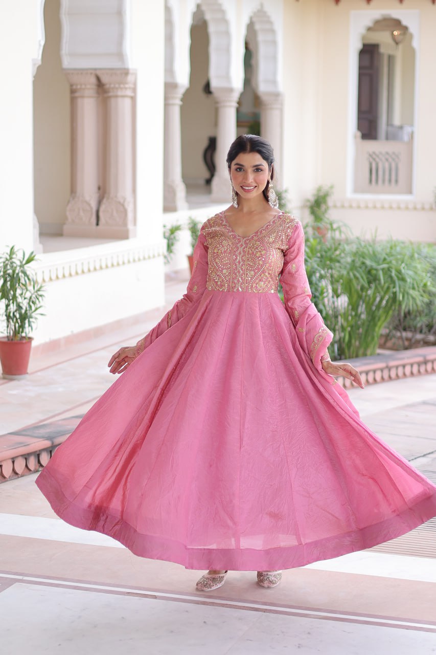 RangBhoomi Premium Ready-Made Gown and Dupatta Set with Elegant Gold Embroidery