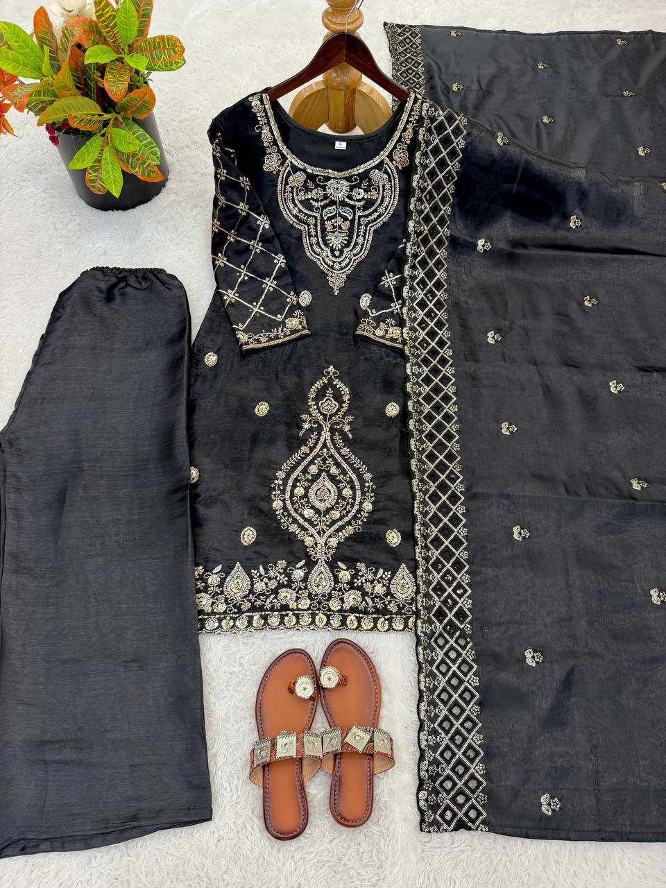 Elegant Designer Party Wear Top, Palazzos, and Dupatta Set with Intricate Heavy Embroidery and Beaded Detailing