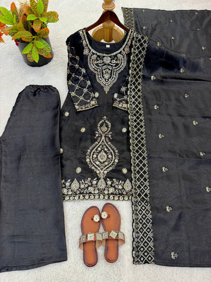 Elegant Designer Party Wear Top, Palazzos, and Dupatta Set with Intricate Heavy Embroidery and Beaded Detailing