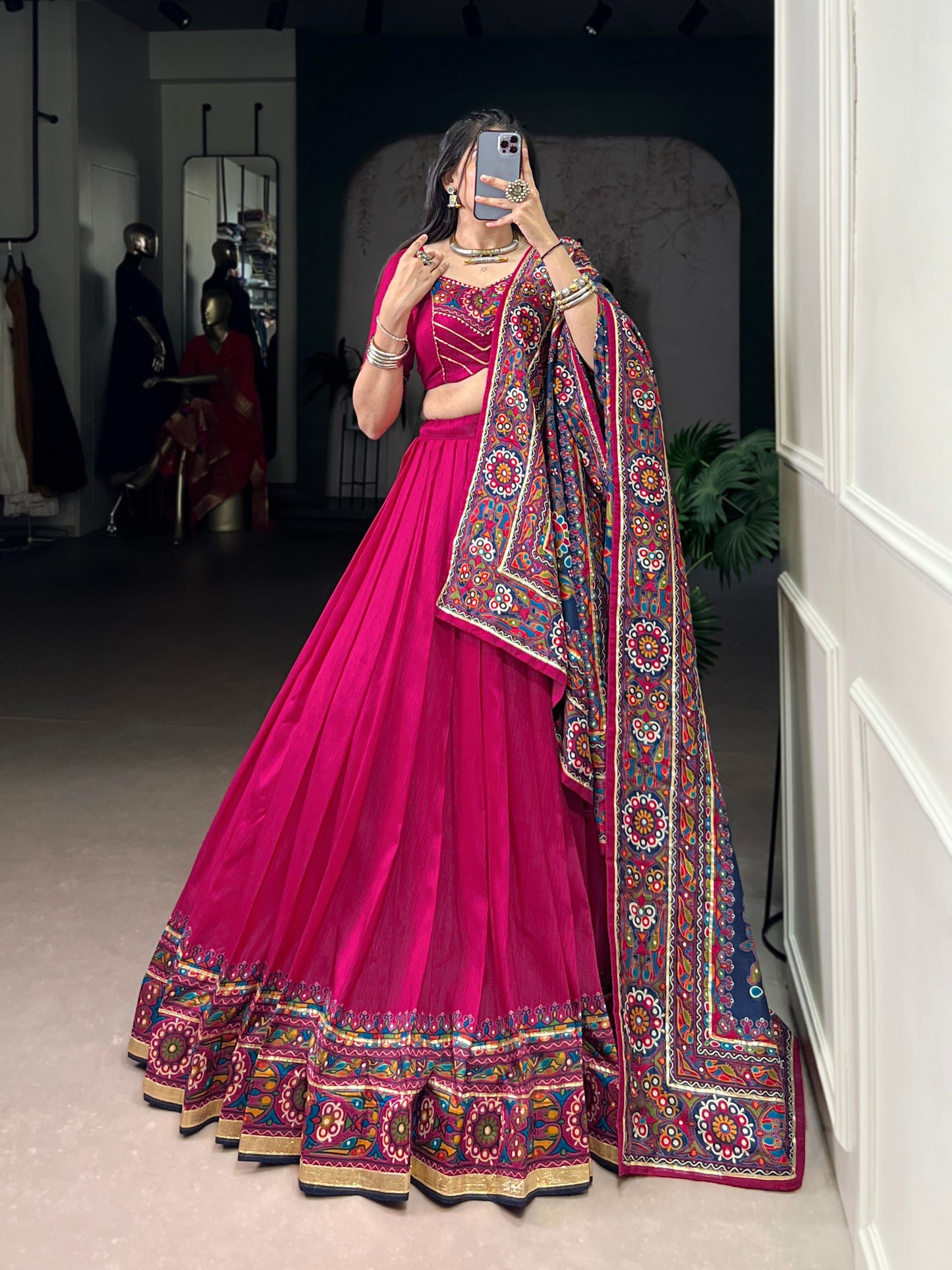 Elegant Tassar Silk Lehenga with Gamthi Print – Perfect for Celebrating Navratri in Style