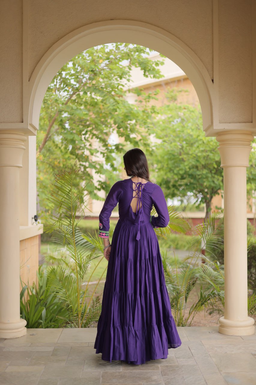 RangBhoomi Navratri Embroidered Kora Cotton Gown - Full Sleeve 54" Length (Rust, Purple)