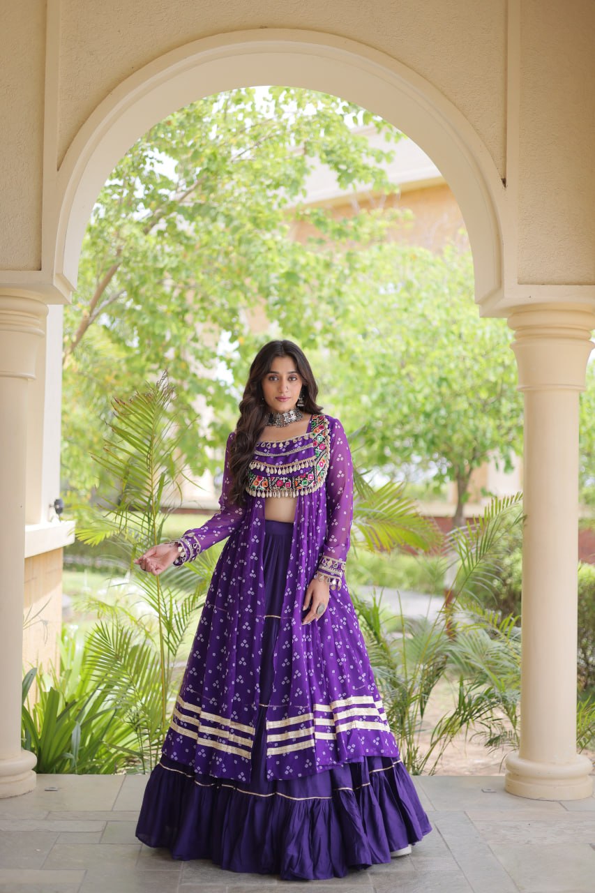 RangBhoomi Navratri 2026 Lehenga & Kurti Set – Kora Cotton Lehenga with Bandhni Faux Georgette Kurti (L, 40" Stitched)