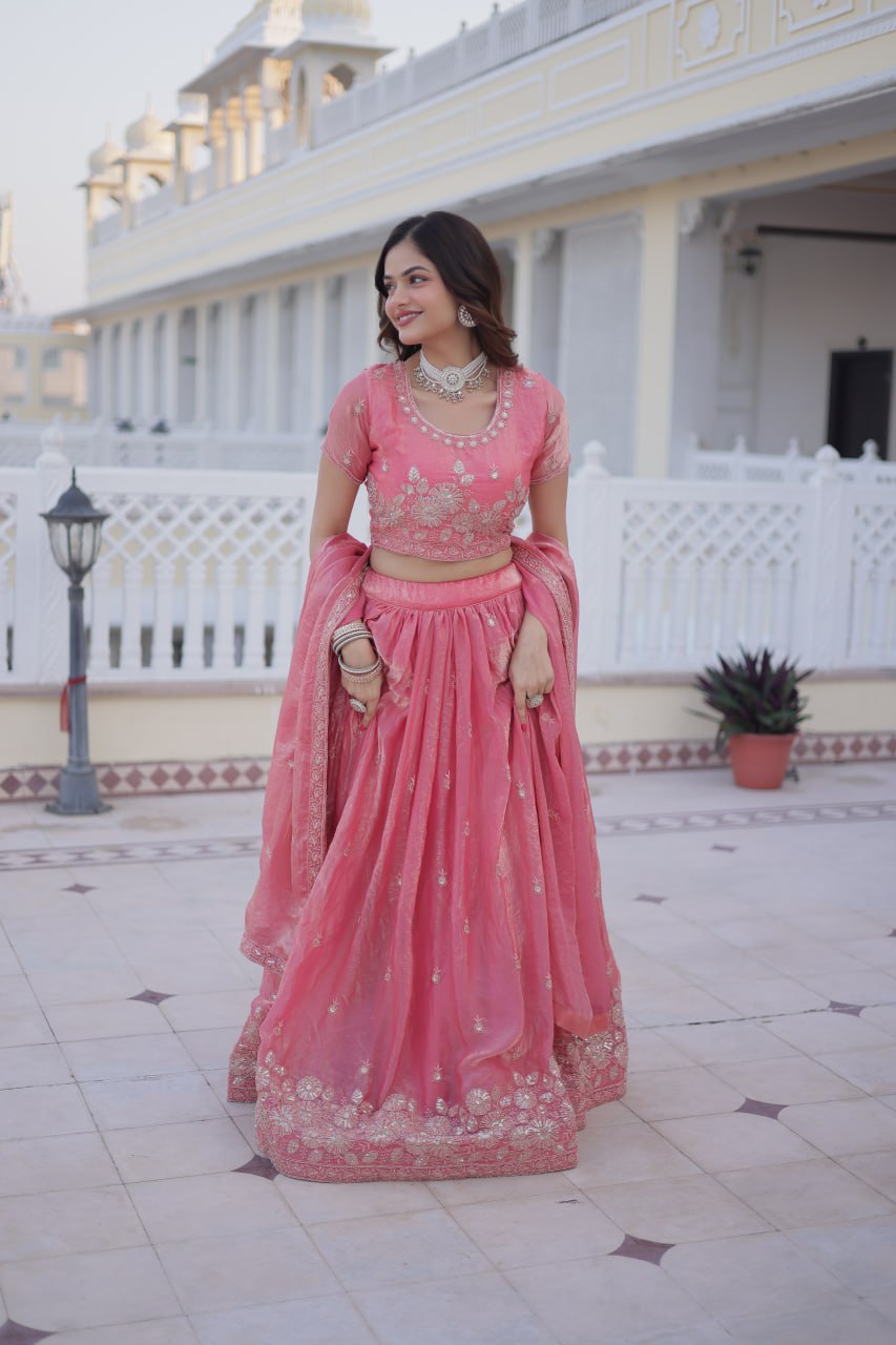 Elegant Lehenga Choli Set with Heavy Sequins and Zari Thread Embroidery in Fendi Silk