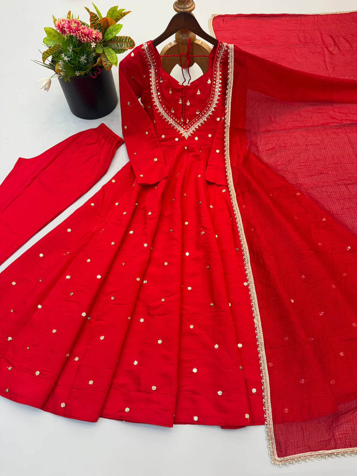 RangBhoomi Roman Silk Anarkali Set with Mirror Embroidery & Kota Chexs Dupatta - Ready-to-Wear