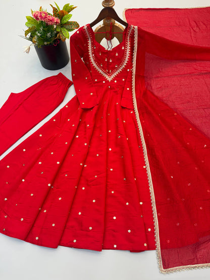 RangBhoomi Roman Silk Anarkali Set with Mirror Embroidery & Kota Chexs Dupatta - Ready-to-Wear