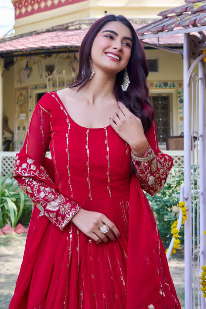 RangBhoomi New Festival Collection Long Gown with Dupatta – Elegant Fox Georgette Fabric with Heavy Sequence Embroidery