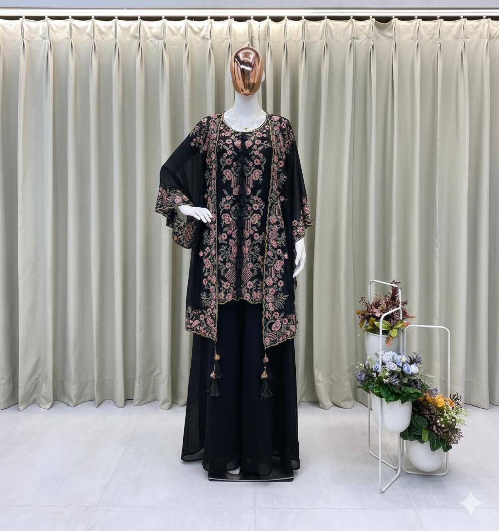 Elegant Designer Kurta and Palazzo Set with Sequined Embroidered Shrug in Luxurious Faux Georgette Fabric