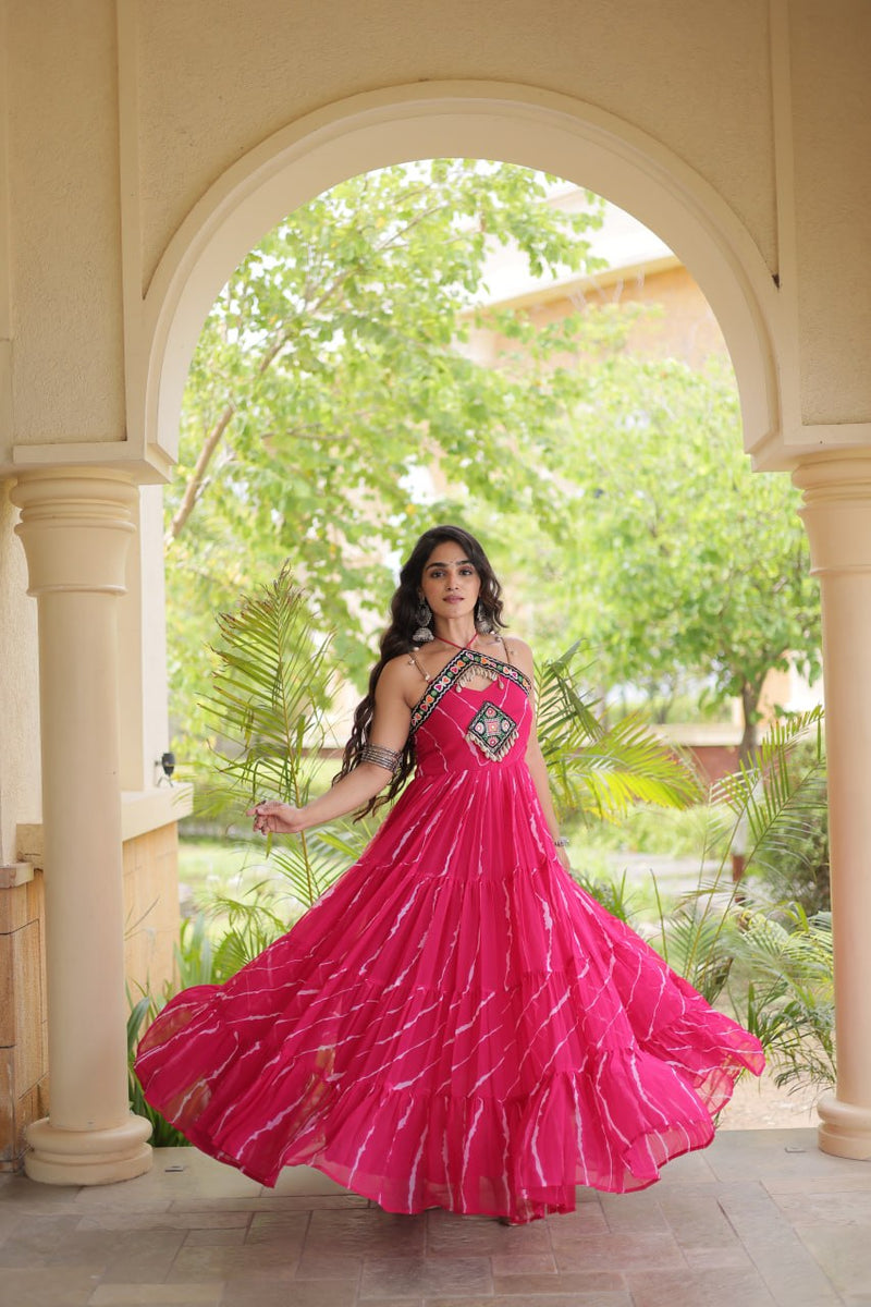 RangBhoomi Navratri Laheriya Patchwork Faux Georgette Gown - Sleeveless 56" Length, L (Adjustable 38-44)