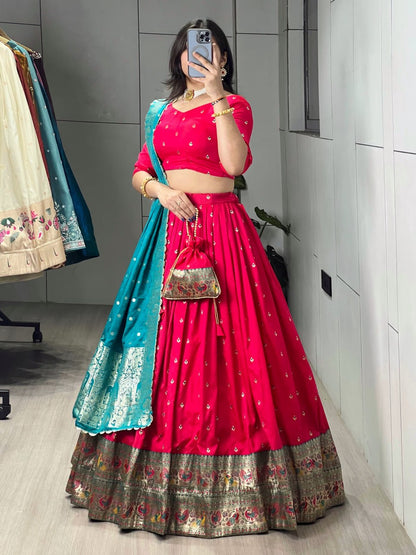 Elegant Paithani Silk Lehenga Choli with Vibrant Colorful Motifs and Iconic Zari Border
