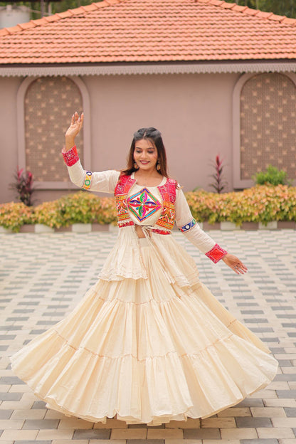 Navratri Special Gamthi Embroidery Lehenga Choli with Mirror and Ribbon Lace – Pure Cotton, Fully Stitched, 9 Meter Flair