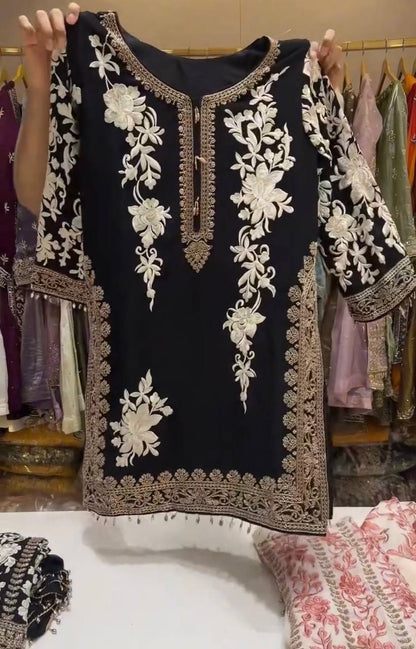 RangBhoomi Designer Party Wear Heavy Star Georgette Top, Plazzo & Dupatta Set