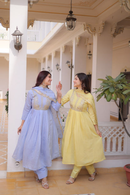 Premium Ready-to-Wear Mal Mal Chanderi Gown Set with Roman Silk Pants and Embroidered Dupatta