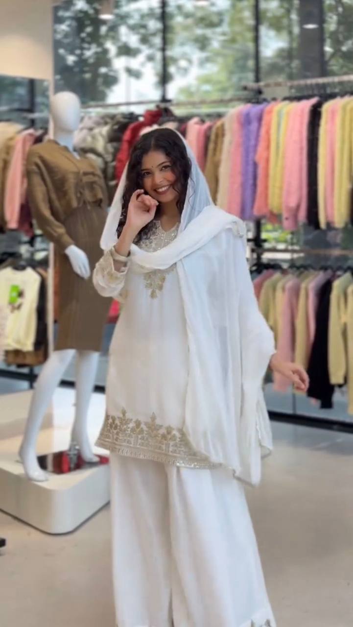 Elegant and Comfortable Wedding Season Suit Set with Sequined Embroidered Top, Palazzo Pants, and Lace-Trimmed Dupatta by RangBhoomi