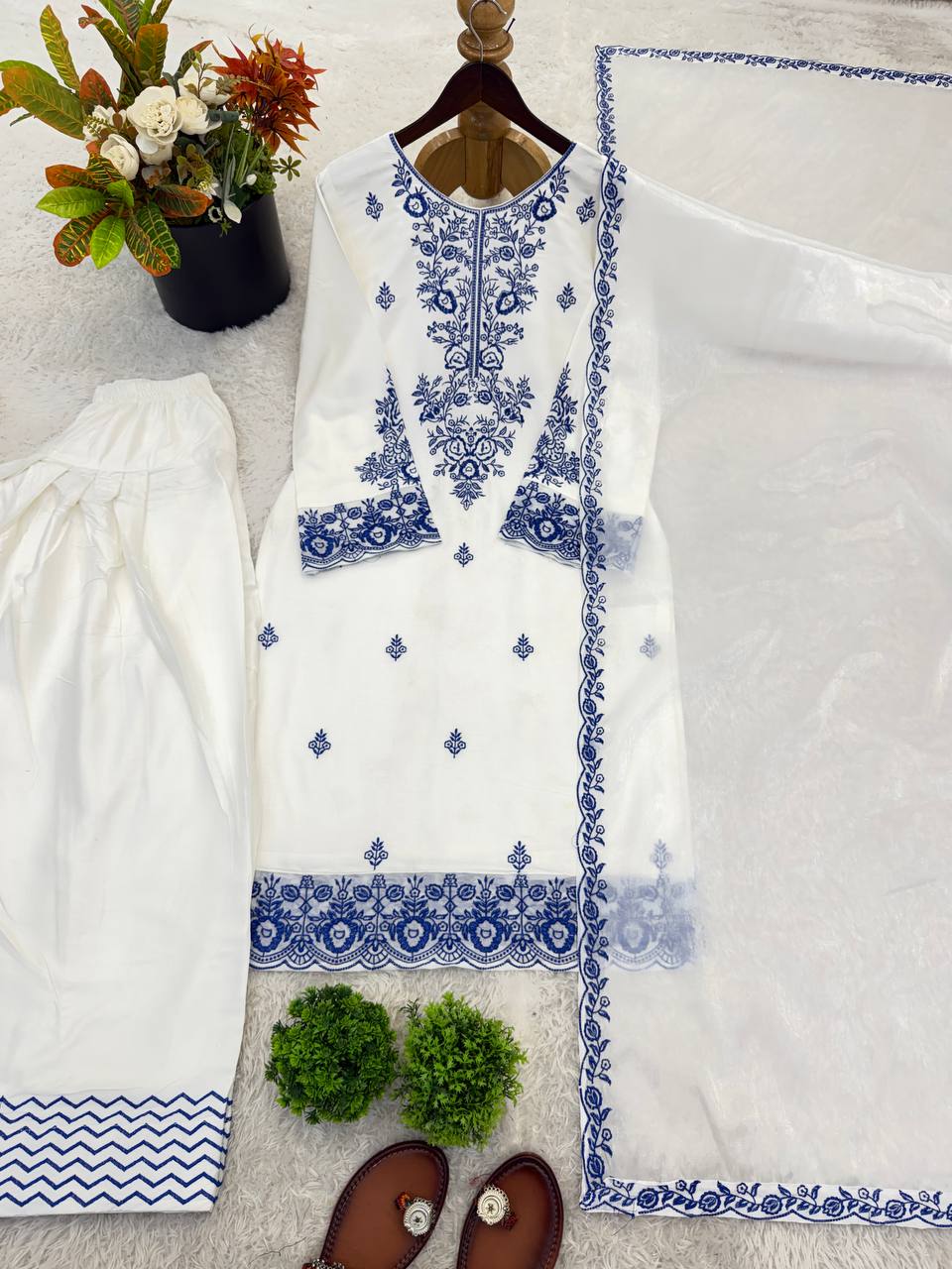 Elegant Women's Ethnic Ensemble with Embroidered Rayon Cotton Top, Farshi Pants, and GMY Silk Dupatta