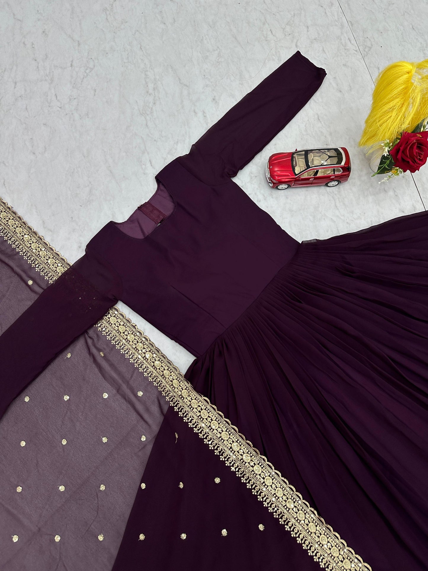 Elegant Embroidered Fox Georgette Gown with Matching Dupatta – Fully Stitched, Sophisticated Design