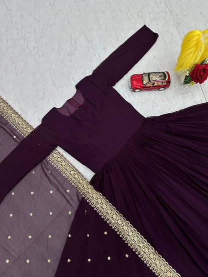 Elegant Embroidered Fox Georgette Gown with Matching Dupatta – Fully Stitched, Sophisticated Design