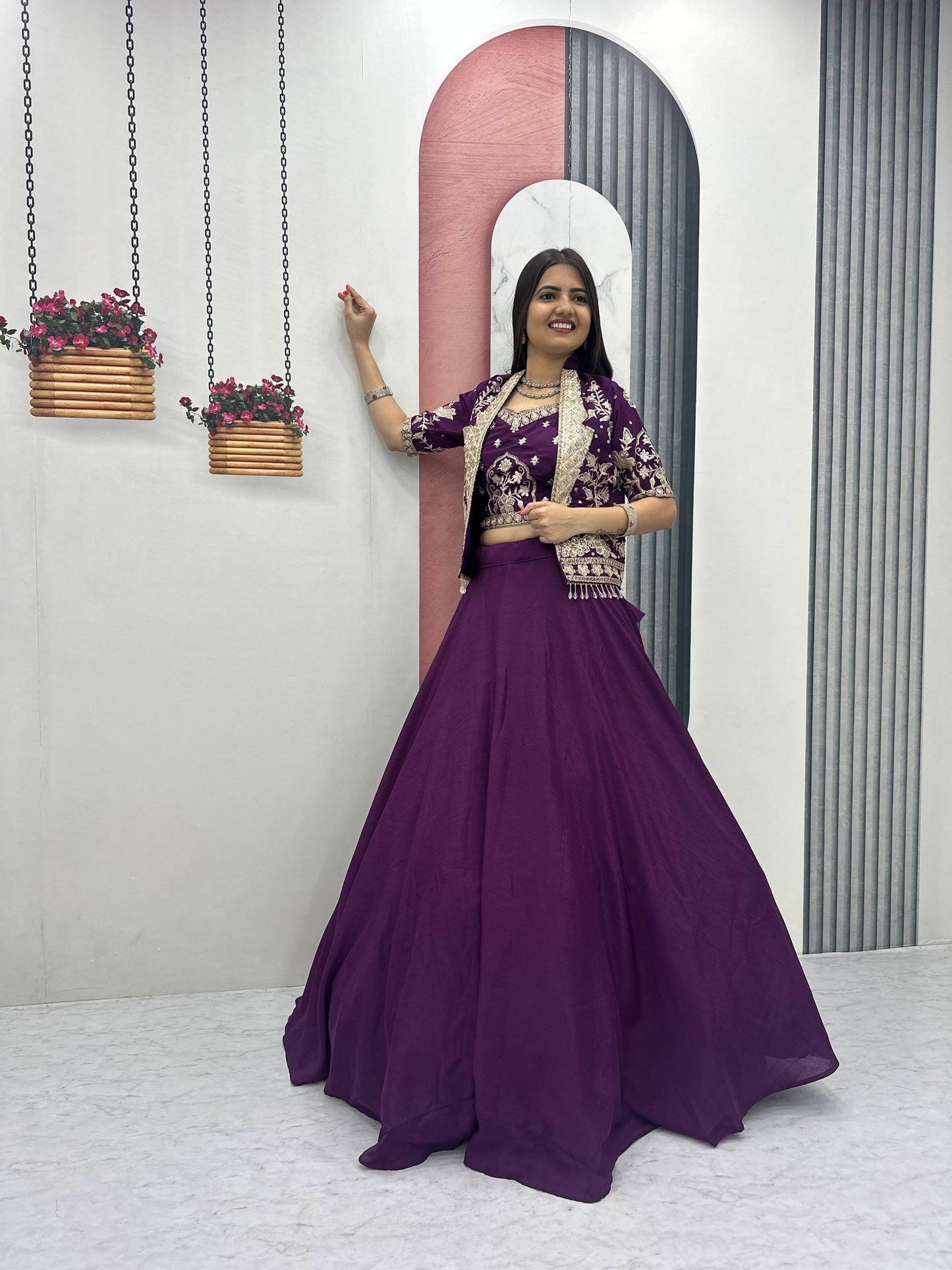 RangBhoomi Festival Special Embroidered Chinon Crop Top Set with Lehenga and Jacket