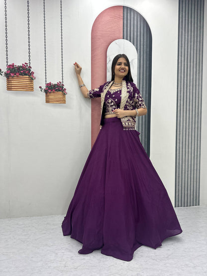 RangBhoomi Festival Special Embroidered Chinon Crop Top Set with Lehenga and Jacket