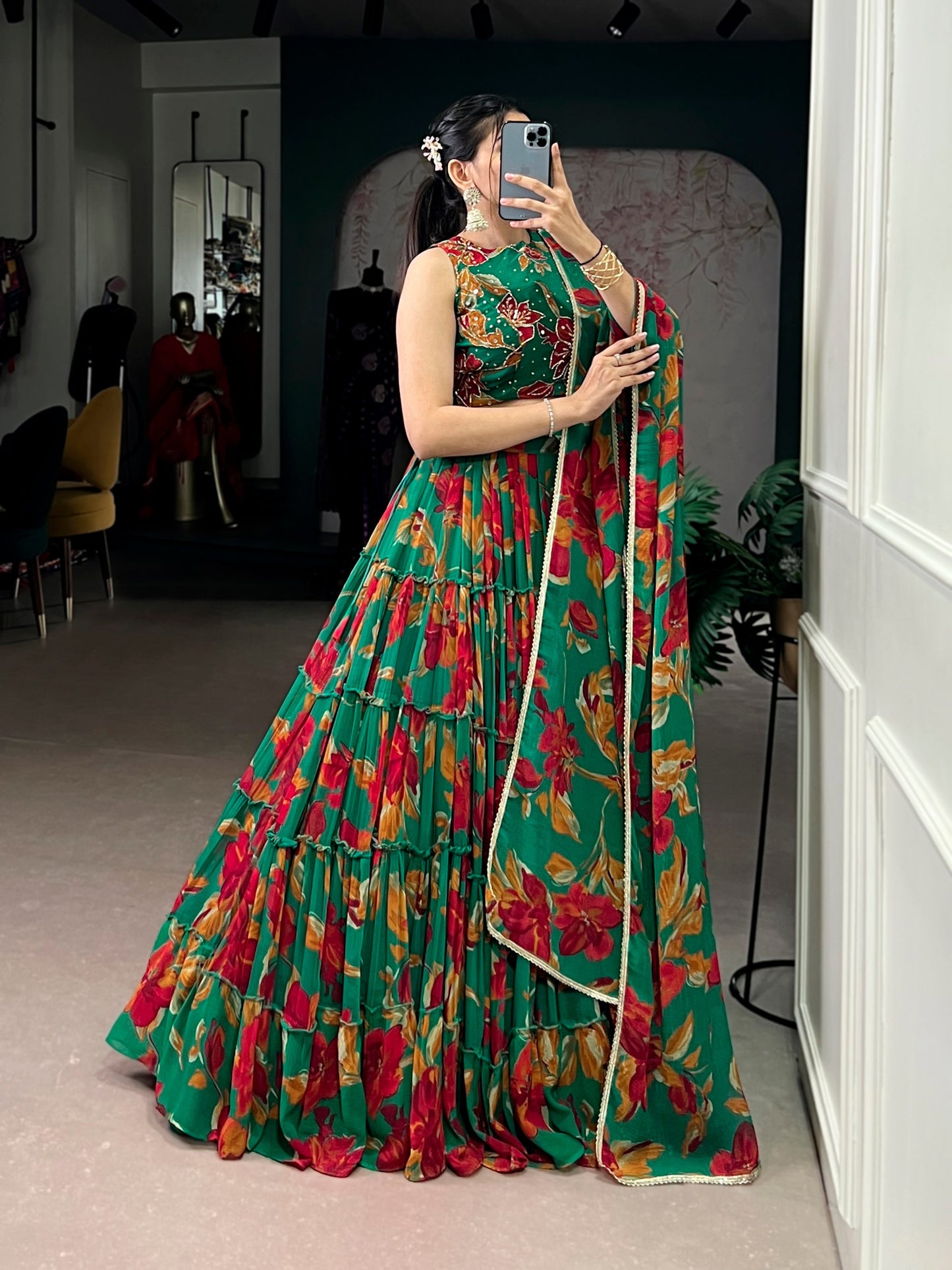 Elegant Floral Marble Print Lehenga Choli Set with Handwork and Lace Border Dupatta