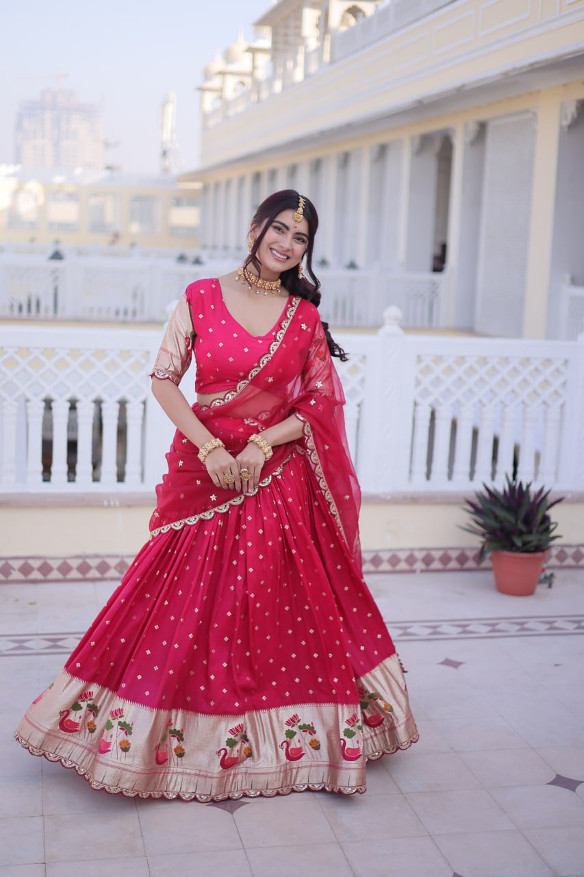 Elegant Three-Piece Traditional Lehenga Choli Set with Dupatta in Pink and Wine