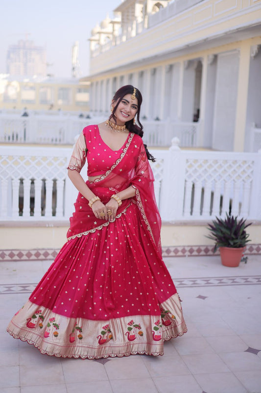 Elegant Three-Piece Traditional Lehenga Choli Set with Dupatta in Pink and Wine