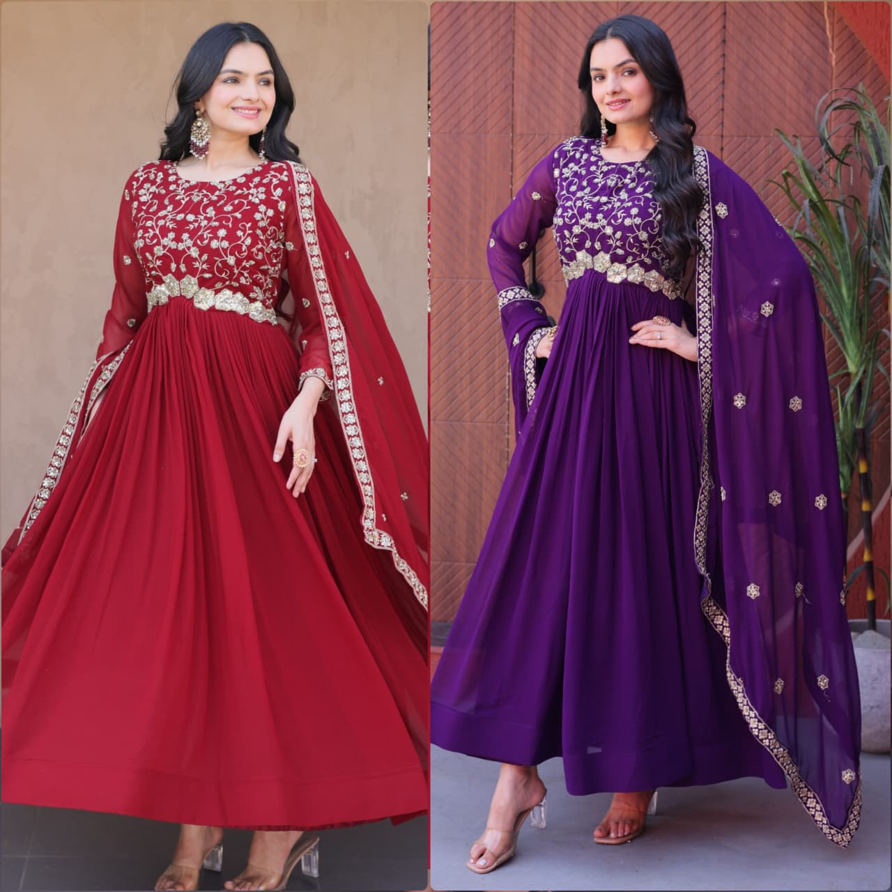 Elegant Gown and Dupatta Set with Embroidered Faux Blooming Fabric by RangBhoomi