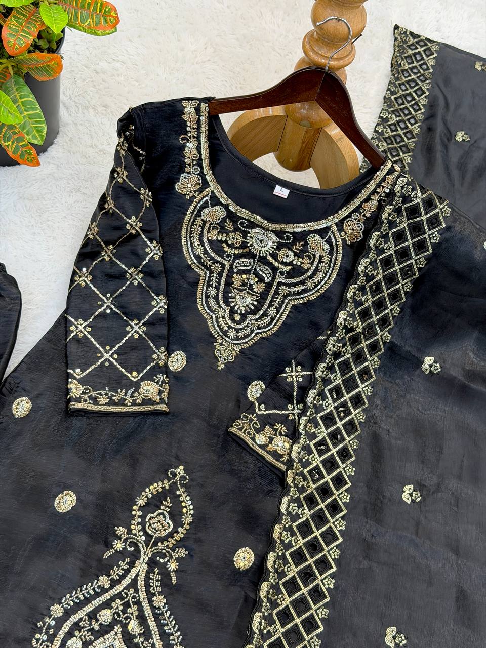 Elegant Designer Party Wear Top, Palazzos, and Dupatta Set with Intricate Heavy Embroidery and Beaded Detailing