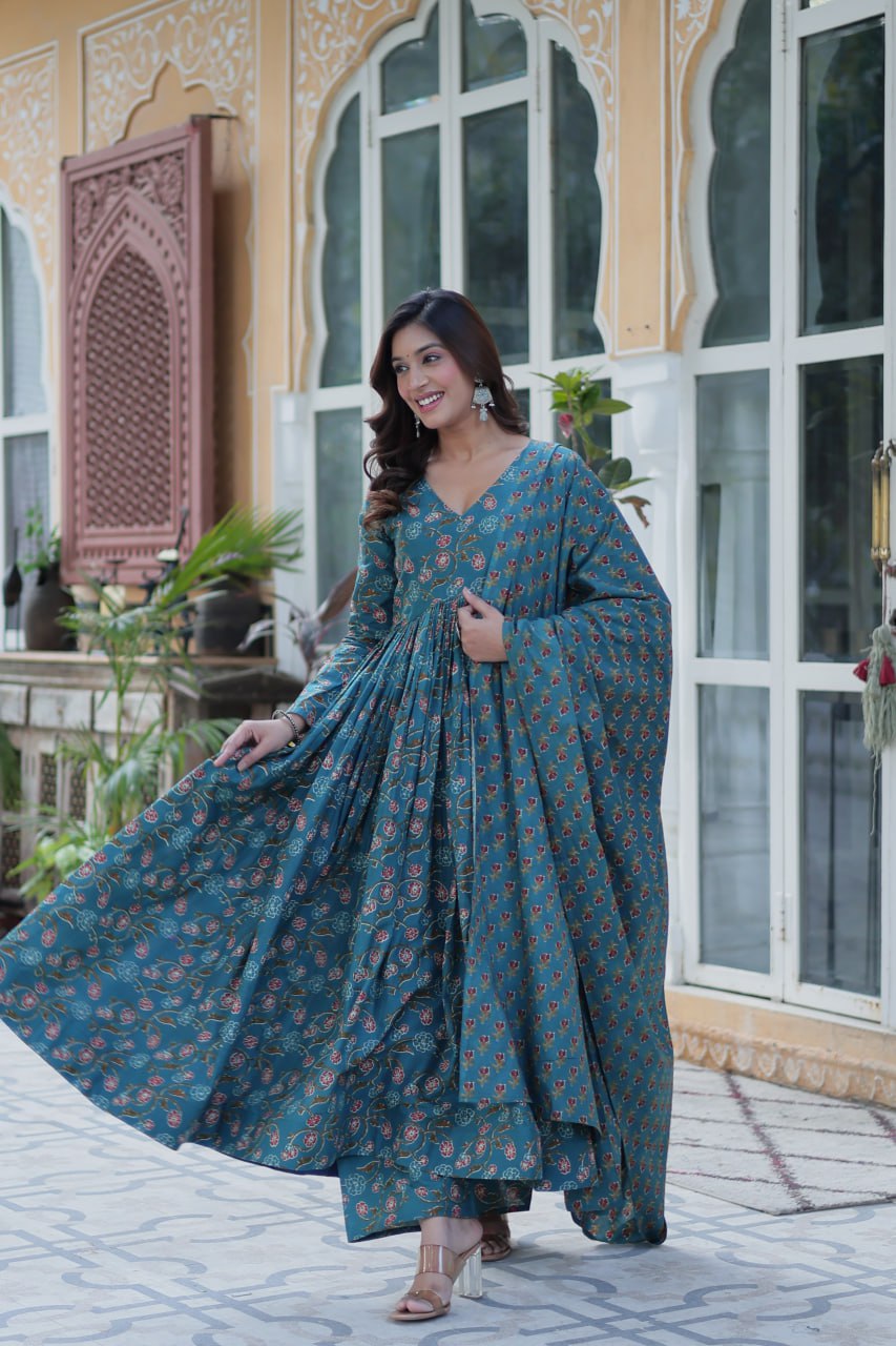 Premium Gown Set: Cotton Kurti, Pant & Dupatta