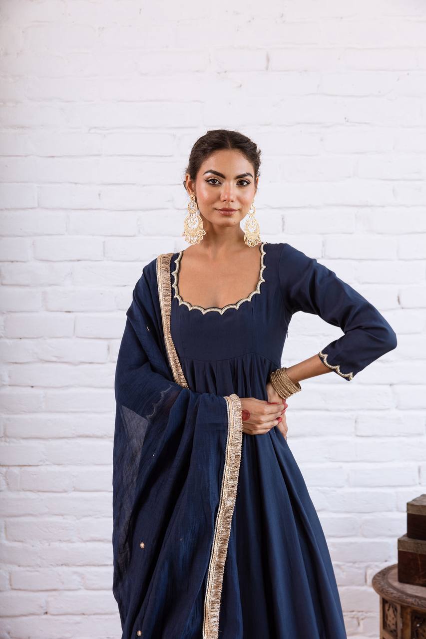 Elegant Anarkali Evening Gown with Beaded Detailing, Full Sleeves, and Vichitra Silk Fabric - Includes Bottom and Dupatta