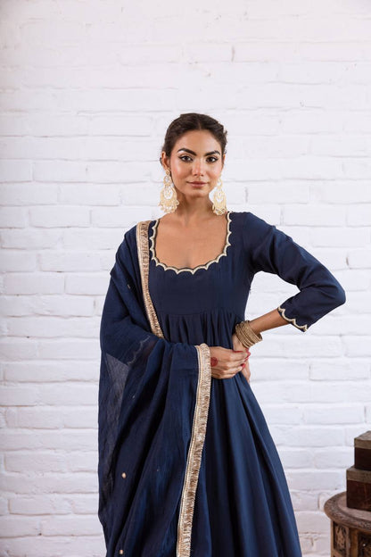 Elegant Anarkali Evening Gown with Beaded Detailing, Full Sleeves, and Vichitra Silk Fabric - Includes Bottom and Dupatta