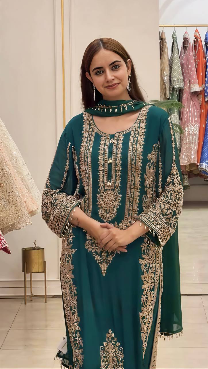RangBhoomi Faux Georgette Heavy Embroidery Sequins Top-Bottom with Dupatta — Fully Stitched Set