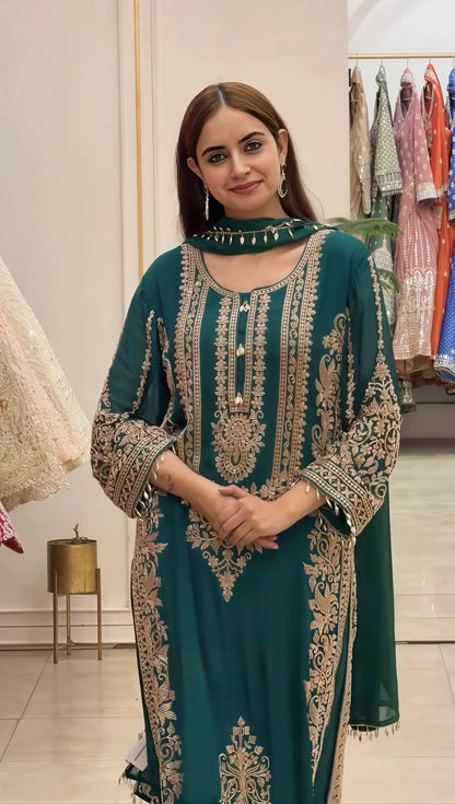 RangBhoomi Faux Georgette Heavy Embroidery Sequins Top-Bottom with Dupatta — Fully Stitched Set