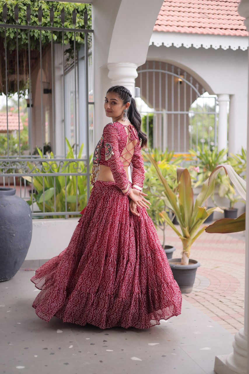 RangBhoomi Bandhni Faux Georgette Full-Stitched Lehenga Set with Designer Square Neck Blouse