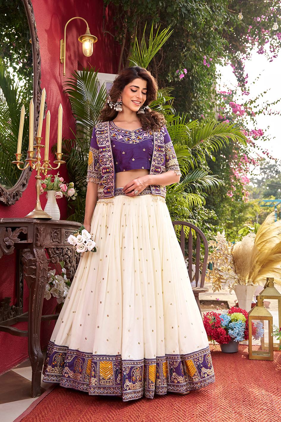 RangBhoomi Elegant Festival Lehenga Choli Set with Embroidered Koti – Pure Vichitra Fabric, Fully Stitched, Multiple Sizes
