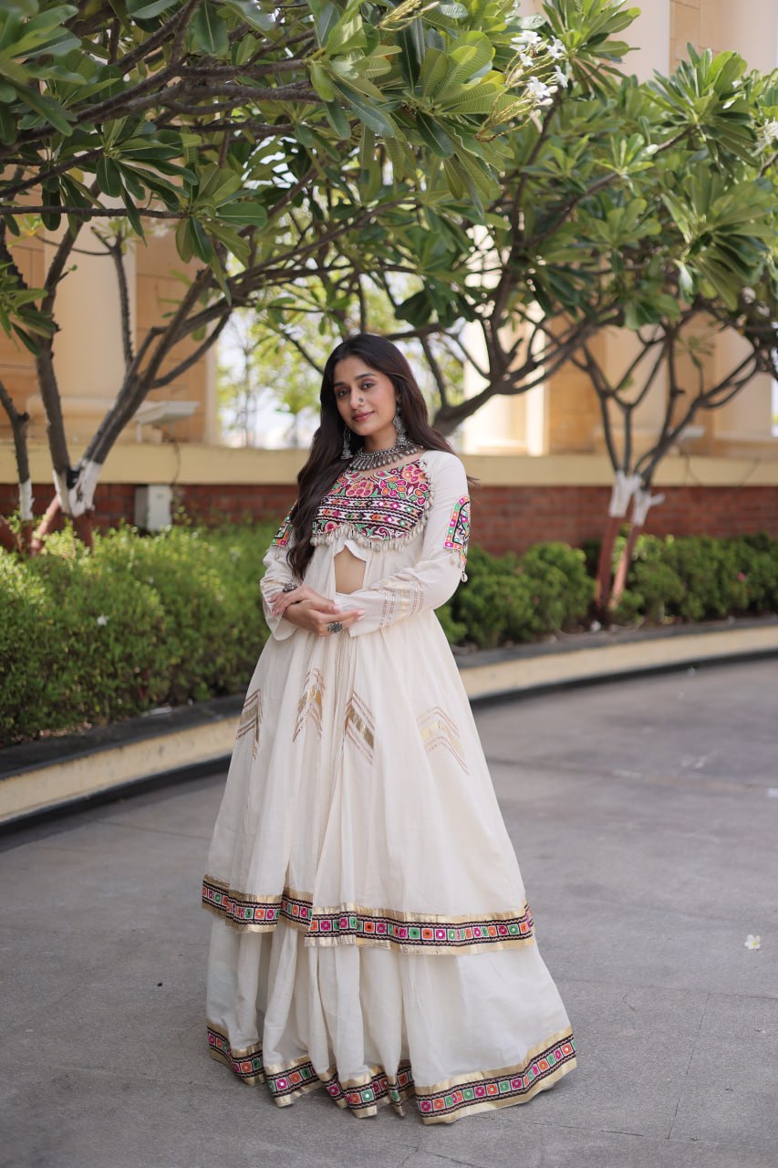 RangBhoomi Feather-Light Jacket Lehenga Set – Lotus Handwork, Long Jacket Ready-to-Wear