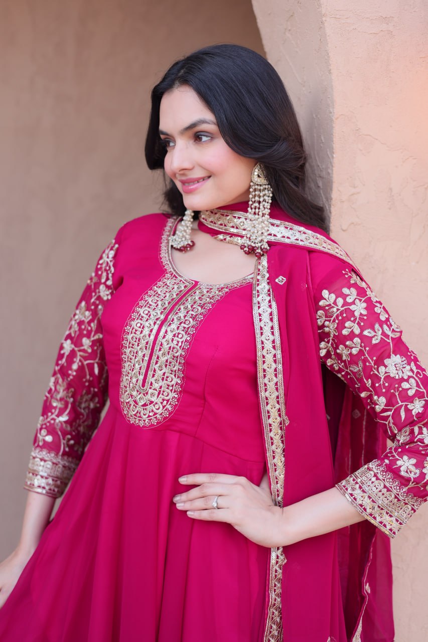 RangBhoomi Premium Readymade Gown Set with Pant & Dupatta - Faux Blooming Embroidered