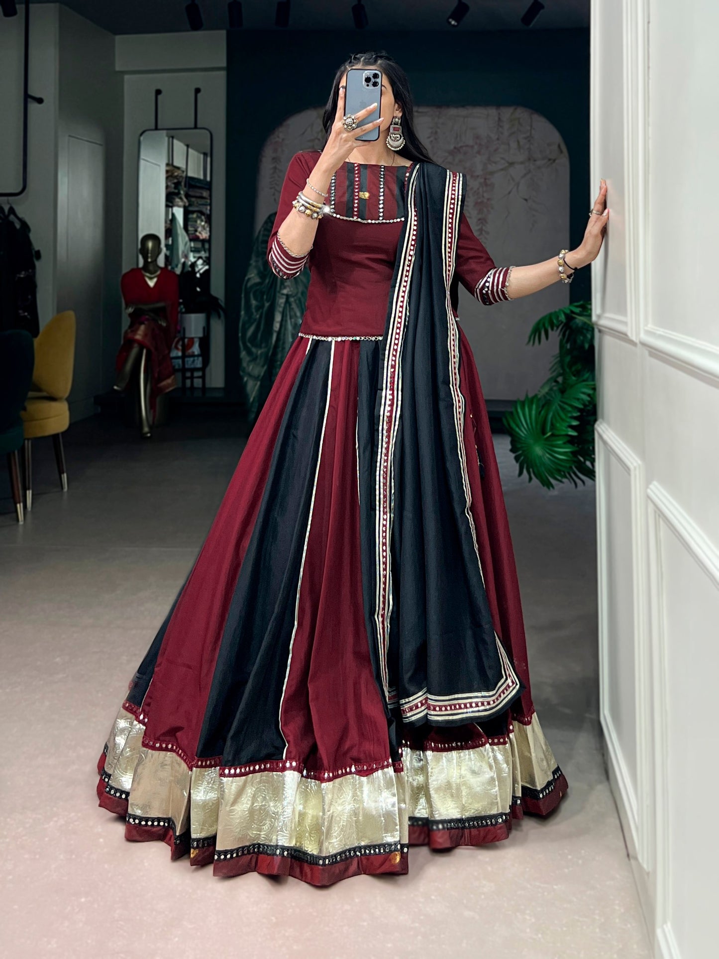 RangBhoomi Navratri Collection 2026 — Chinon Embossed Mirror Lehenga Set