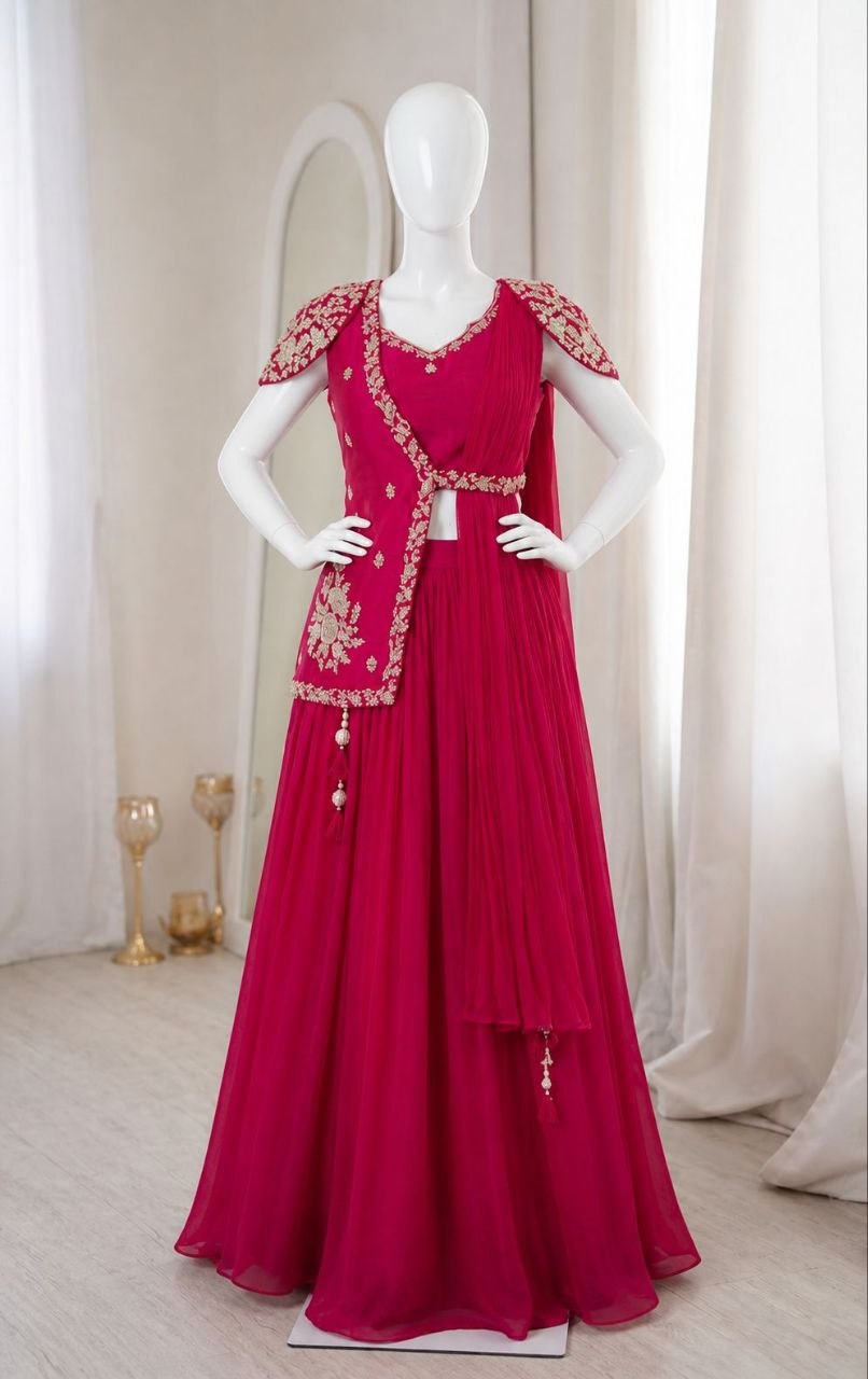 Elegant Embroidered Lehenga Choli Set with Stylish Jacket – Free Size, Premium Fabrics