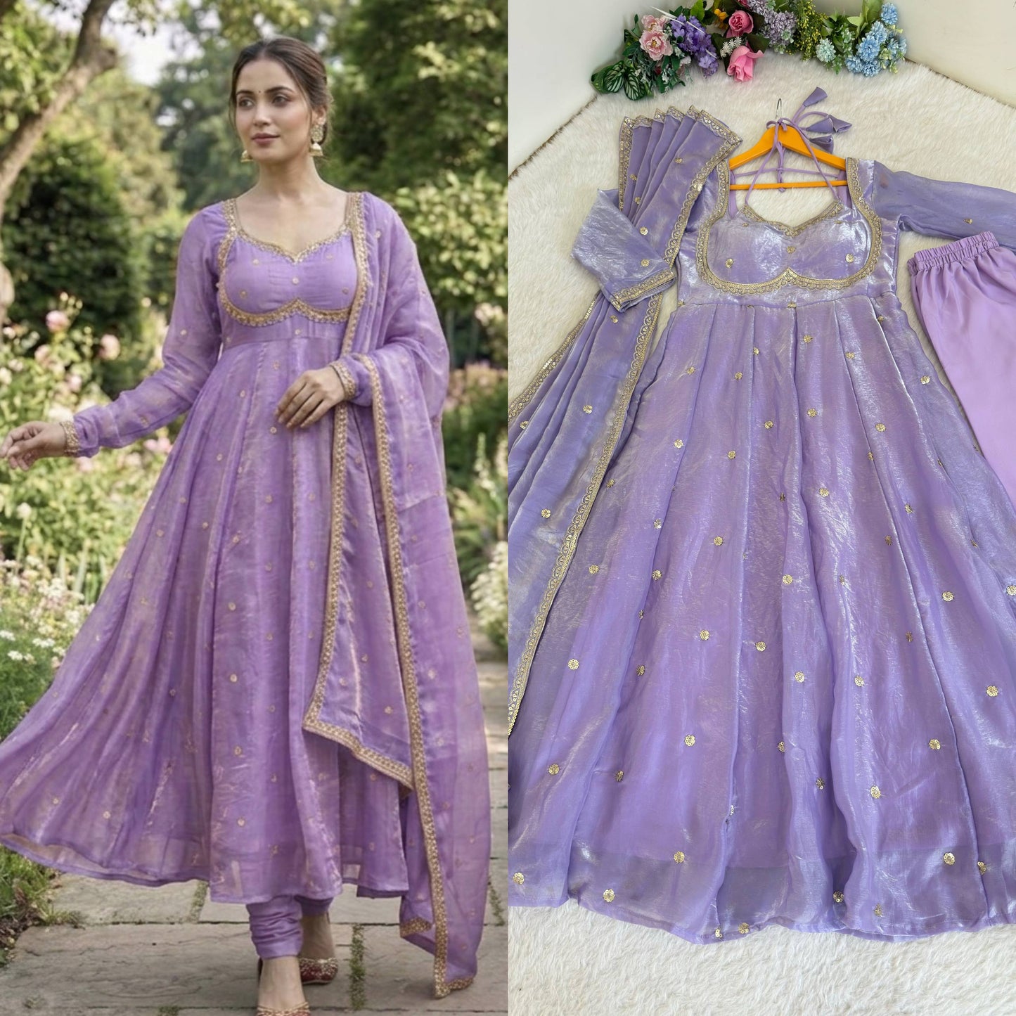 Elegant Party Wear Fendi Satin Gown Set with Dupatta and Pants Featuring 3MM Rembo Sequin and Zari Embroidery